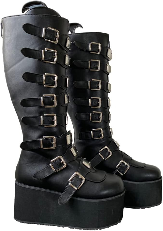 Chunky Platform Boots for Women High Heel Wedge Knee High Boots Punk Winter Shoes with Buckle Black PU 7