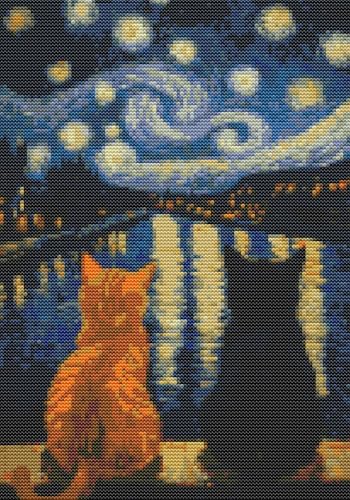HKLIOPU Point de Croix Canevas kit complet adulte,11CT Debutant Broderie imprimé,chat à la van gogh 30×40cm