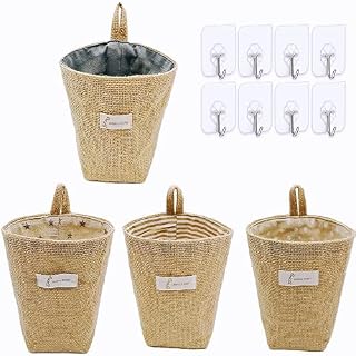 CPXFLLN Small Wall Jute Hanging Storage Baskets Bag for Organizing Cotton Linen Foldable Organizer Decorative Bag for Kitchen and Bathroom (4pcs mini basket+8pcs wall hooks)
