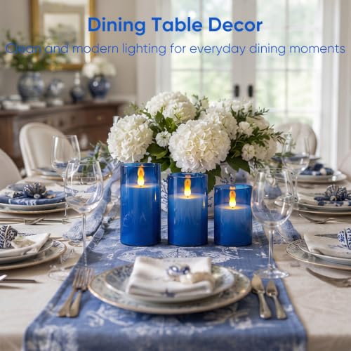 Image of Homemory Blue Flameless LED Pillar Candles with Remote Timer, Set of 3