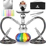 2 Hose Hookah Set 11'' Small Shisha Hookah Set With Mini Pumpkin Glass Vase, Ceramic Bowl, Leather Hose, Coal Tong, Hookah Foil, Disposable Tips (rainbow)