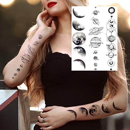 6 Sheets Nezar Black Outer Space Boys Temporary Tattoos For Kids Child Geometric Planets 3D Star Moon Bracelet Waterproof Forearm Small Face Hands Fake Tattoos Temporary Mountain Line Art Tatoos Girls #TOP7