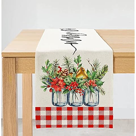ARKENY Merry Christmas White Red Buffalo Plaid Floral Vase Leaves Holly Table Runner 13x72 Inches Long Farmhouse Indoor Outdoor Vintage Theme Gathering Dinner Party Holiday Decor AT014 Cover