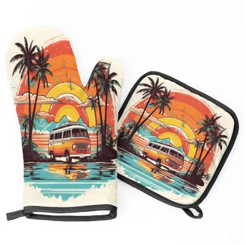 Watercolor Car Coconut Tree Oven Mitts Kitchen Oven Gloves for Cooking Baking Heat Proof Lining Cotton Kitchen Potholder Mittens Pot Holders Hot Pads for Chef Women Men