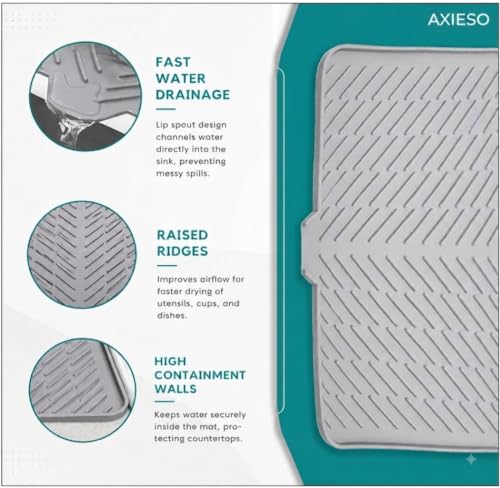 Image of AXIESO Silicone Dish Drying Mat for Kitchen - Built-in Drain Lip | Hygienic Drying Pad - Sturdy Compact Easy to Clean Tray Protects Surfaces Prevents Water Build Up - 40 X 30 Cm (Grey)