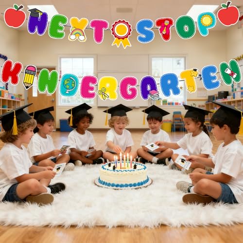 Image of Preschool Graduation Decorations Banner - Pre-Strung Next Stop Kindergarten Garland for Pre K Grad Children Graduate Party Decor