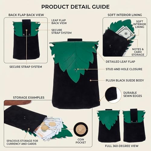 Image of Leather Belt Pouch Medieval Vintage Renaissance Viking LARP Cosplay Costumes Drawstring Coin Purse Phone Holder Waist Bag (Leaf Black02)