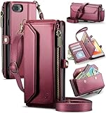 Strapurs Crossbody Wallet Case Compatible with iPhone 8 Plus / 7 Plus RFID Blocking 10-Card Holder Soft PU Leather Magnetic Closure Shoulder Strap Zipper Pocket Phone Case for Women 5.5' - Wine Red
