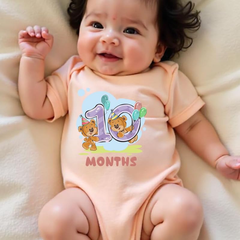 Image of Knitroot Monthly Birthday Teddy Special, Newborn Baby Half Sleeve Unisex Romper, Onesies, Sleepsuit, Body Suit, Envelope Neck, 1 to 12 Months Print, 0-12 Months, Infant Cloth for Boys & Girls