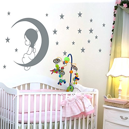 IDEAVINILO - Vinilo Decorativo Infantil de una niña sentada en la Luna y rodeada de Estrellas. Medida: 100 x 55 cm Cover