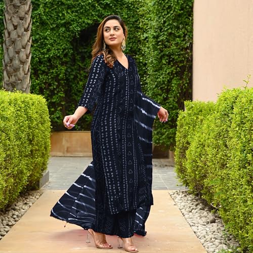 Image of ANNI Designer Women's Rayon Blend Straight Bandhej Printed Kurta with Pant & Dupatta