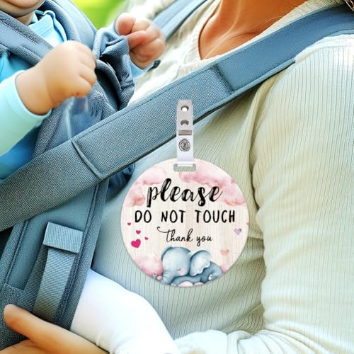 Image of 2 Pack Cute Elephant No Touching Signs Pink Stop No Touching Safety Sign for Family PVC Seat Signs-Stroller Tag with Hanging Strap and Clip for Car Accessories 5 Inches