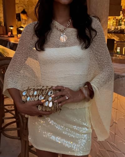 Women Sheer Knit Poncho Shrug Lightweight One Shoulder Pullover Top Asymmetrical Hem Cover Up Crochet Shawl3