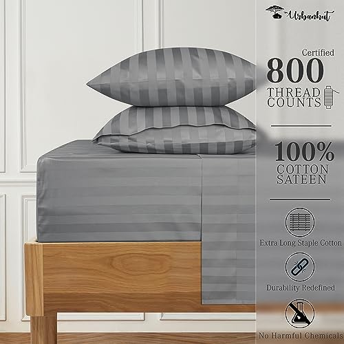 URBANHUT 800 Thread Count Egyptian Cotton Damask Striped King Size Sheets Set (4 Pc) - Ultra Soft & Smooth, Sateen Weave King Size Bed Sheets, Luxury Hotel Sheets with 16" Deep Pocket - Dark Grey
