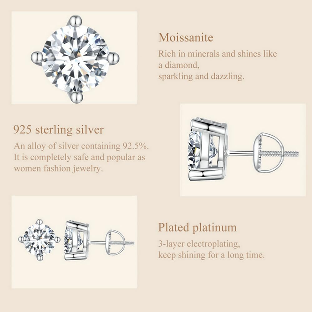 WZGWDC Orecchini Moissanite Solitario in Argento Sterling 925 con Diamante simulato Fatto a Mano D Colore VVS1