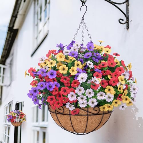 Image of Artificial Hanging Silk Flowers for Outdoors with Basket, Mix | Fake hanging plants with basket, silk daisy flowers, UV resistan, for porch balcony patio home spring summer decoration