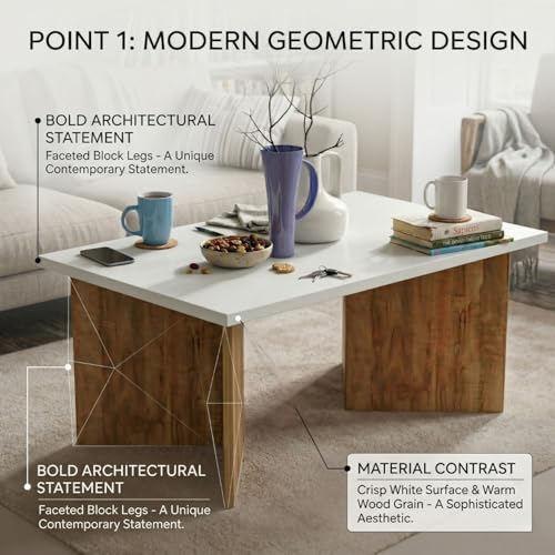Image of FFO V-Shape Coffee Table for Living Room | Modern Center Table with Engineered Wood Top & Wooden Base | 80x50x40 cm | Stylish Tea Table for Home, Office & Lounge (White & Coach Wood Finish)