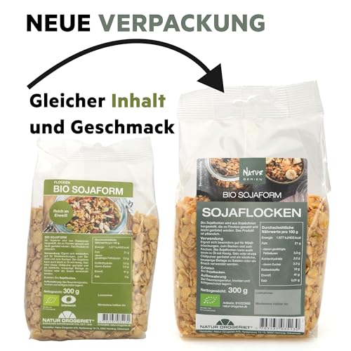 Natur Drogeriet - Soja Flocken aus Sojabohnen Bio - Eignet sich für Müsli-Mischungen, zum Backen und zum Kochen - Eicht gesalzen, Vegan, Glutenfrei, und Natürlich 300g