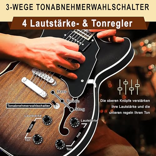 Pyle Jazz E‑Gitarre Semi‑Hollow – 6‑Saitige Vintage‑Style Gitarre mit Cutaway & Zubehörpaket – Jazz‑Sound für kreative Einsteiger & Blues‑Fans, Sunburst Look, P90 Pickups