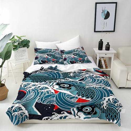 ANHOPE Japanisch Welle Fische Bettwäsche Set 2 Teilig Bettbezug 135x200 cm & Kissenbezug 80x80 cm Microfaser Bettbezüge mit Reißverschluss Weich Ganzjahres Bettdeckenbezug Set