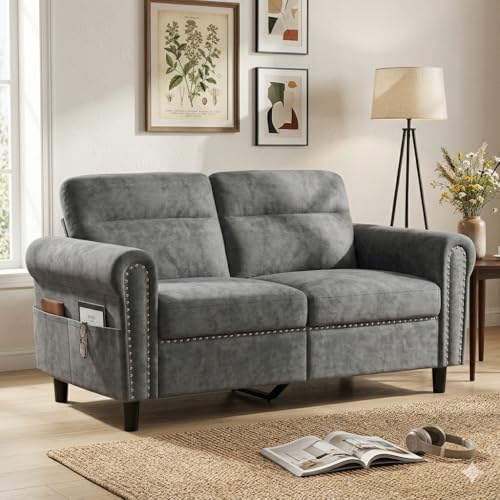 Blishom 2-Sitzer Sofa mit Seitentasche, Kleine Couch, Modernes Polstersofa mit Nietendekor & abnehmbaren Kissen, Loveseat für Wohnzimmer, Büro & kleine Räume, 152x76x84 cm (Dunkelgrau)