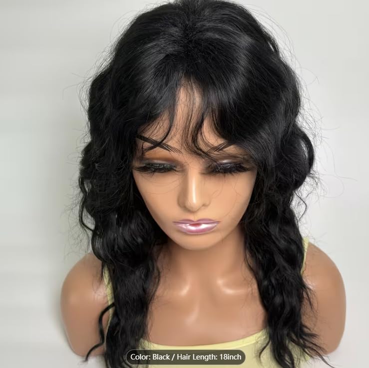Image of 18-inch Layered Black Long wavy Wigs for Women with Bangs, Synthetic Highlight Natural Daily Party Wig (Black)