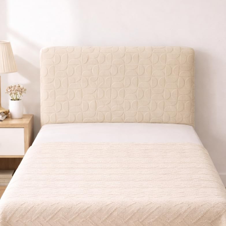 Image of HOMETHREADS Stretchable Lycra /Velvet Headboard Cover | Soft, Dust-Proof & Wrinkle-Resistant Bed Back Protector | Fits Leather, Wooden & Fabric Bedsides | for 3ft to 3.5ft Beds (Cream, 90x65Cm)