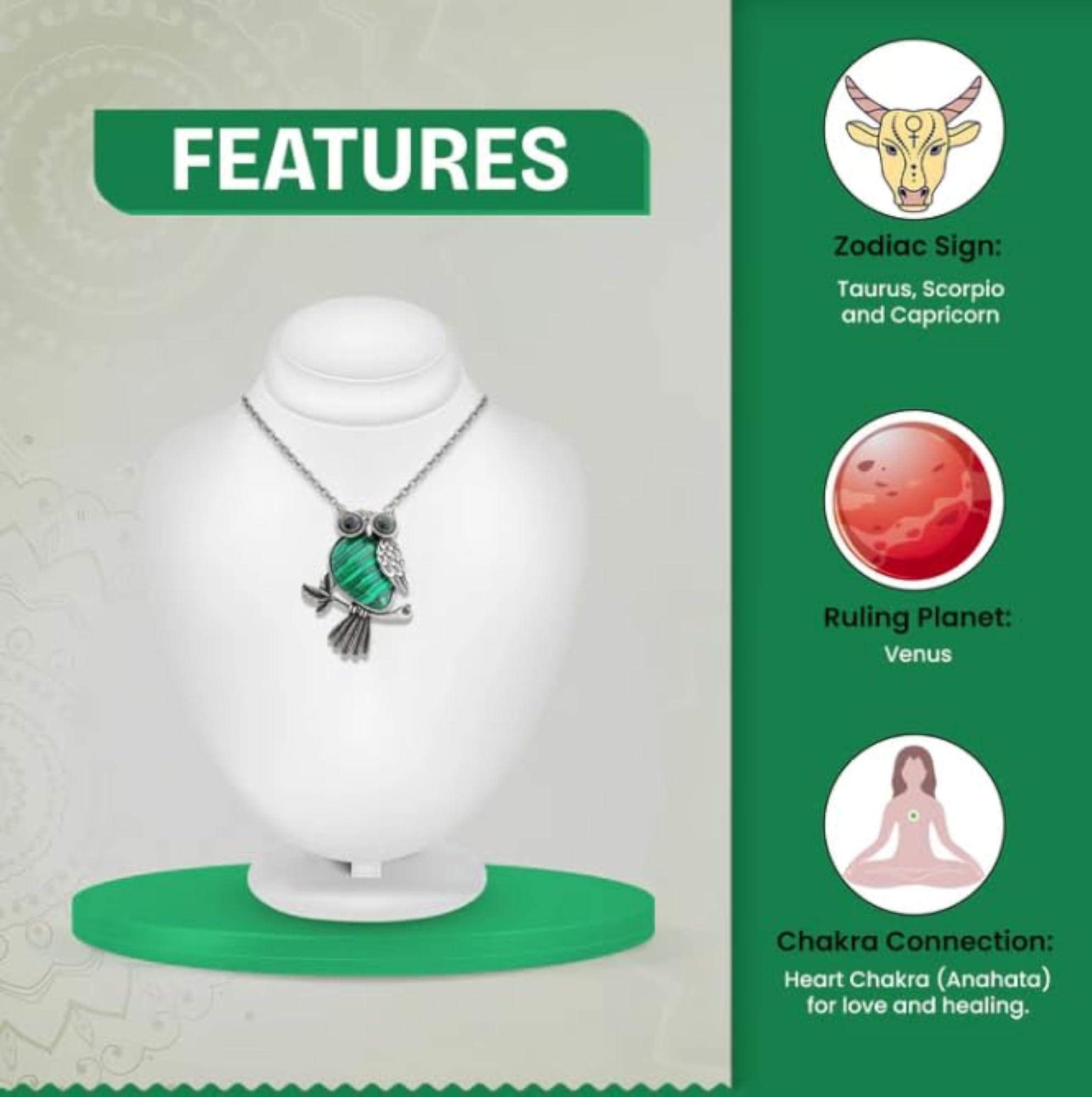 Malachite Owl Pendant Crystal Stone Locket