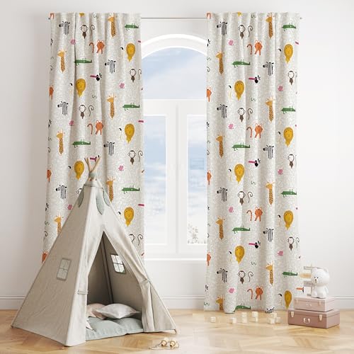 Image of Tranquebar Curtain Co. Kids Room Curtain, 60-65% Room Darkening, Multicolor Animal Print, Cotton Curtains 7 Feet Long Set of 2, BackTab Loops, Safari (213 cm) - Set of 2