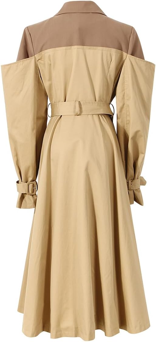 Women's Autumn and Winter Two-Color Spliced Fake Two-piece Suit, mid Length Over Knee Waist Jacket Dress (US, Alpha, Large, Regular, Extra Long, Khaki/Coffee)
