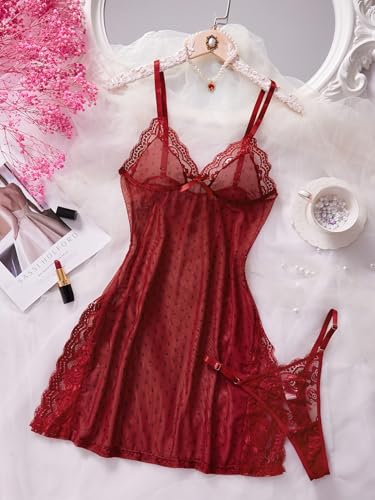 Image of Foxiny Sexy Split Side Floral Lace Trim Full Slip Night Gown Babydoll Lingerie Dress with Thong 2 piece