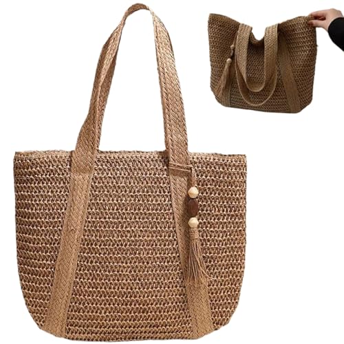 Sac cabas en paille de qualité supérieure avec finitions pompons et zip fluide