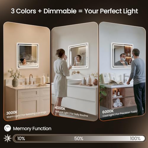 Image of 24x24 LED Bathroom Mirror with Anti-Fog, Backlit & Front Lit, Memory | Stepless Dimmable 3 Color CRI 95+ Shatterproof Tempered Glass ETL Listed for Safety Lighted Bathroom Vanity Mirror for Wall