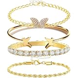 【Look a strati femminile e giocoso】: Questo set di bracciali donna dorati include un bracciale rigido con effetto strass scintillante, un bracciale a catena intrecciata e due bracciali con delicato motivo farfalla. L’unione dei toni dorati e dei dettagli strass crea un elegante look di gioielli sovrapposti, perfetto per l’uso quotidiano o occasioni speciali.