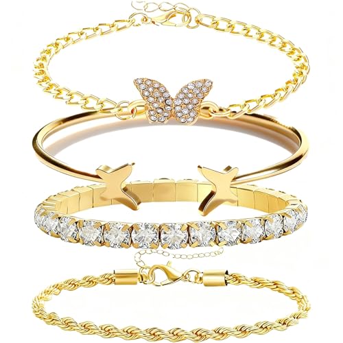 EKKONG 4 Piezas Pulseras Doradas para Mujeres, Pulseras Tipo Manilla, Pulseras de Mariposa, Pulseras Apilables, Cadena para Mano, Joyería de Moda para Mujeres y Chicas Regalos San Valentín (A)
