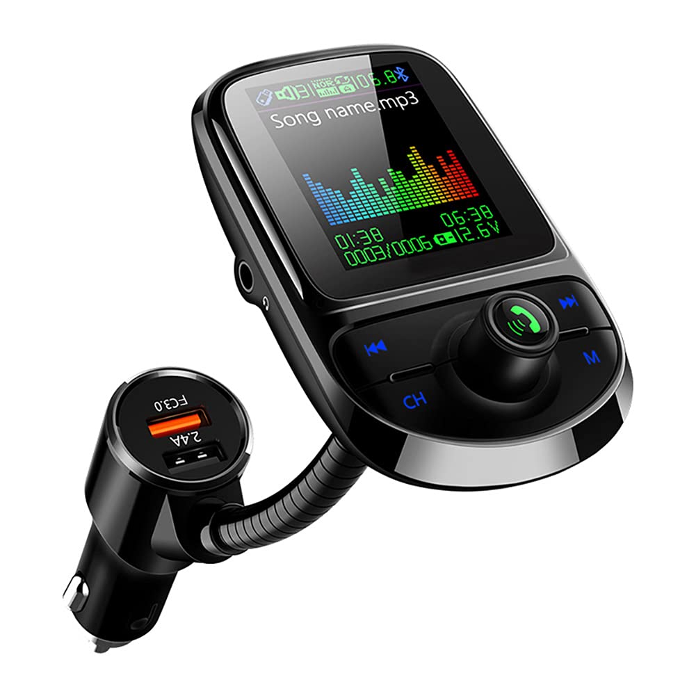 Wireless in-Car Bluetooth FM Transmitter Radio Adapter Car Kit, 1.8 Inch Display Supports TF/SD Card EQ and QC3.0 & 5V/2.4A Charging Hands-Free Calls