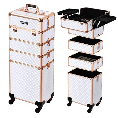 VETALLO Malas de maquiagem profissional, organizador de maquiagem 5 em 1 para viagem, estojo de maquiagem grande com chave/rodas giratórias I estojos de trem de maquiagem para manicures cabeleireiros
