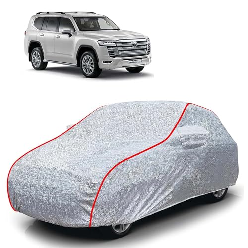 Image of Sulfar 100% Waterproof Car Body Cover Compatible with Mirror for Toyota Land Cruiser 300 (Triple Stitched, Full Bottom Elastic, Magic Silver with Red Piping)