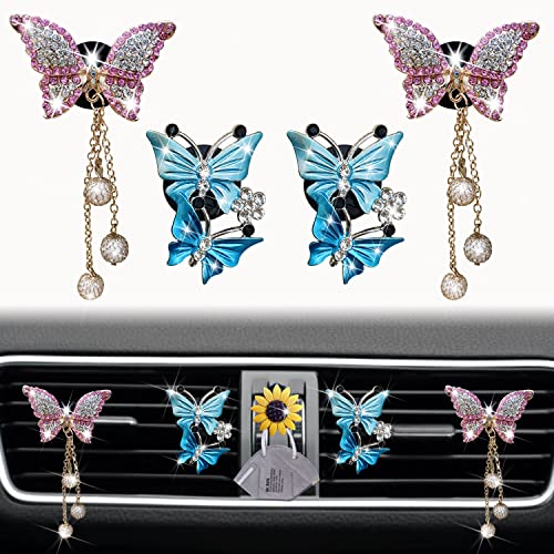 Image of 4 Pcs Bling Butterfly Air Vent Clips, Pink & Blue Butterfly Car Air Fresheners Vents Clips Car Diffuser Diamond Car Interior Decor Cute Car Accessories Car Decoration for Women +Sunflower Mask Hook