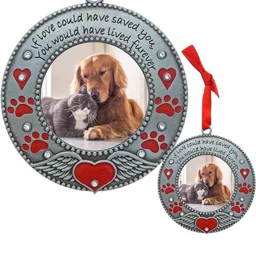 Pet Memorial Ornament - Dog or Cat - Enameled & Jeweled with Red Hearts, Angel Wings & Paw Prints - Bag Included - Choose The Customized Option and We Will Insert Your Photo - 3