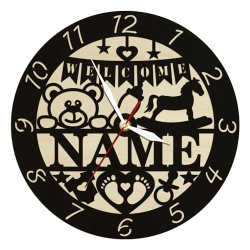 Timethink 12 Inch Newborn Baby Wood Wall Clock with Personalized Name, Rustic Decorative Wooden Round Clock Wall Watch Silent Non Ticking Wall Clock Battery Operated for Baby Room Housewarming Gift