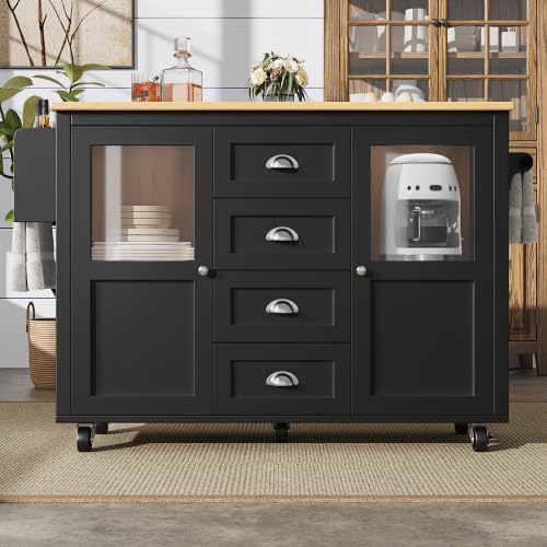Kücheninsel 138x73(45) x93 cm Schwarz, Ausklappbarer Arbeitsplatte, 4 Schubladen & 4 Rollen, Gewürzregal & Handtuchhalter, Küchenschrank Buffetschrank, MDF & Metall für Kleine Küchen