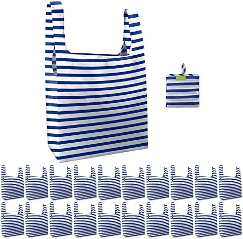 BeeGreen Blue and White Stripes Reusable Grocery Bags Bulk 20 Pack,Geometry Reusable Shopping Bags X-Large 50LBS, Machine Washable Kitchen Reusable Bags Heavy Duty, Foldable Tote Bags w Handles