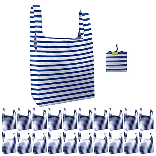 Beegreen Blue And White Stripes Reusable Grocery Bags Bulk 20 Pack,Geometry Reusable Shopping Bags X-Large 50Lbs, Machine Washable Kitchen Reusable Bags Heavy Duty, Foldable Tote Bags W Handles #TOP7