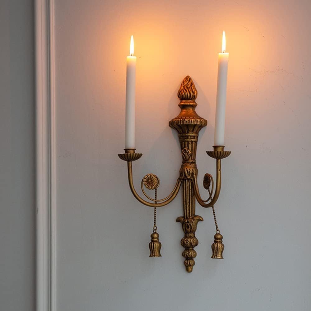 TentHome Kerzenhalter Wand Metall Vintage Kandelaber Antik Teelichthalter Wandkerzenleuchter 2 Armig im Barockstil Wandkerzenhalter für Stabkerzen Wanddekoration Gold 2 Stück