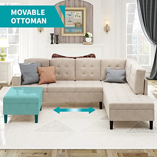 Balus Upholstered Tufted Sectional Sofa, Oversized Sectional Sleeper Sofa Couch With Chaise Movable Ottoma Microsuede Fabric Sofa Set 4 Seat L-Shape Couches For Living Room, Apartment (Beige) #TOP5