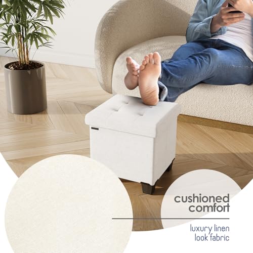 Storage Ottoman Cube with Small Bin, 15-in Square Ottoman with Storage for Living Room and Bedroom, Small Ottomans Foot Rest, Fabric Foot Stools Ottomans Max 330lbs, Cream by STORAGEBUD - Image 7