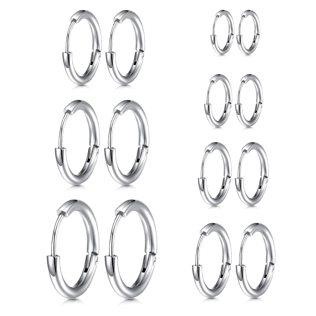 7 pares de pendientes de aro de plata para hombres y mujeres, Pendientes de Aro de Cartílago, Pendientes de Aro Pequeños de Acero Inoxidable para unisexo, ligero, hipoalergénico, 8-20 mm, plata