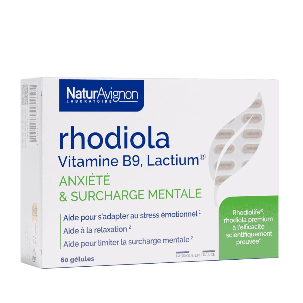 NaturAvignon Rhodiola Vitamine B9, Lactium| Complément alimentaire anti stress adulte, surcharge mentale, anxiété I vitamine b 9 I Lactium I30 jours | 60 gélules