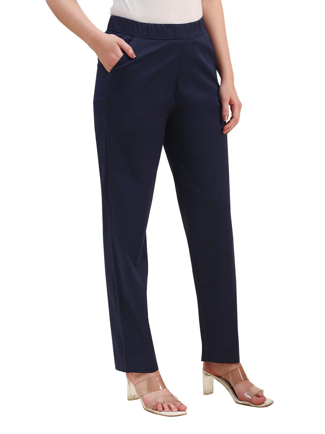 vogaan Women's Cotton Slim Fit Pant with Half-Elasticated Waist | Regular Pull-On Straight Leg Trousers for Women-picture-11